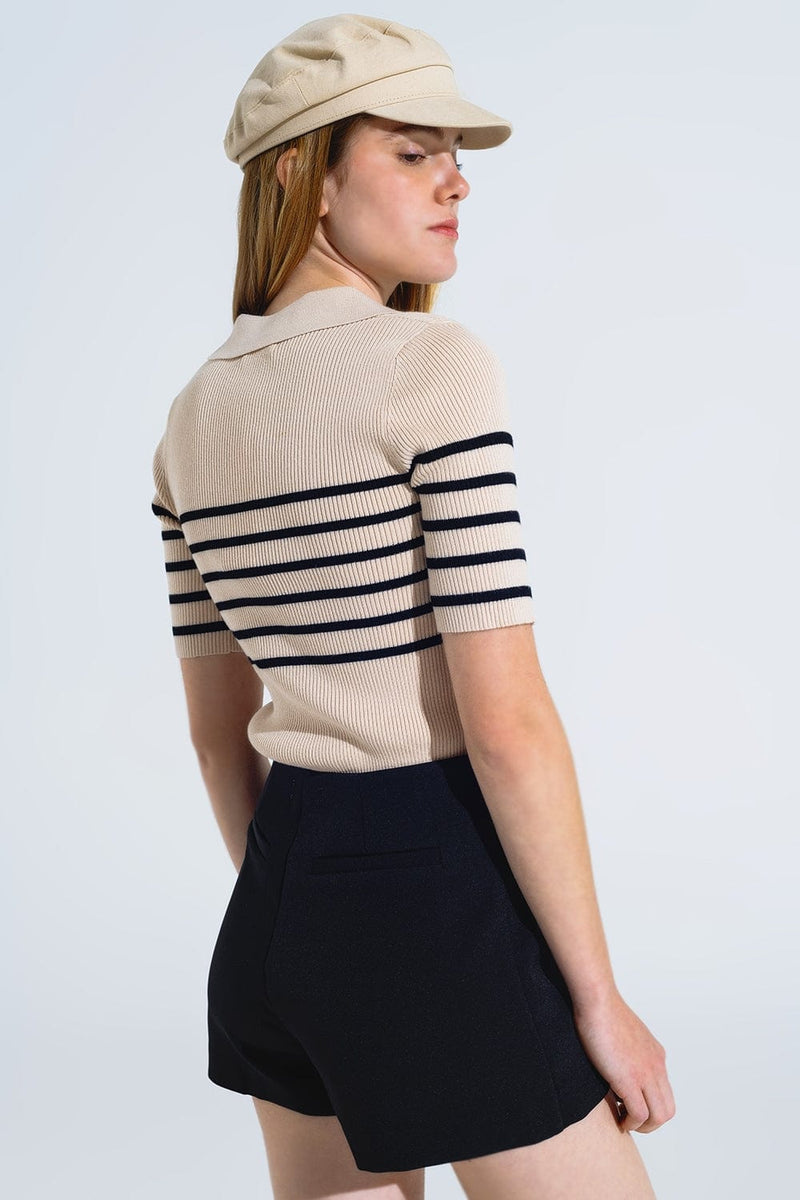 Q2 Women's Sweater Striped Polo With Button Detail In Beige