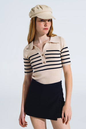 Q2 Women's Sweater Striped Polo With Button Detail In Beige