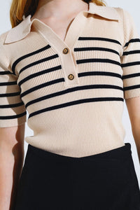 Q2 Women's Sweater Striped Polo With Button Detail In Beige