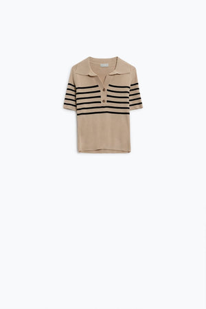 Q2 Women's Sweater Striped Polo With Button Detail In Beige