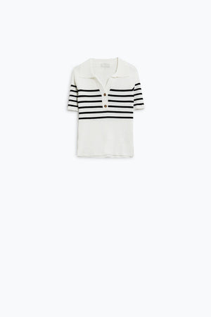 Q2 Women's Sweater Striped Polo With Button Detail In White