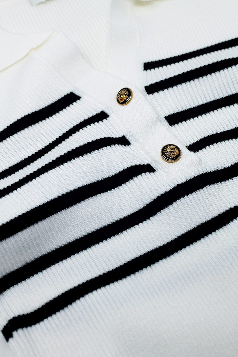Q2 Women's Sweater Striped Polo With Button Detail In White