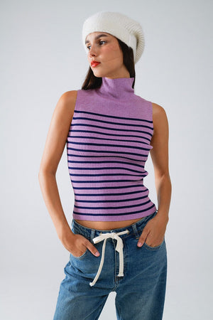 Q2 Women's Sweater Striped Turtle Neck Tank Top In Lavander