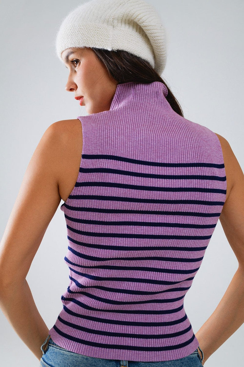 Q2 Women's Sweater Striped Turtle Neck Tank Top In Lavander