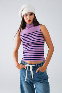 Q2 Women's Sweater Striped Turtle Neck Tank Top In Lavander