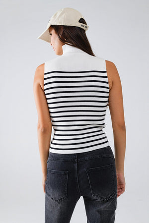 Q2 Women's Sweater Striped Turtle Neck Tank Top In White