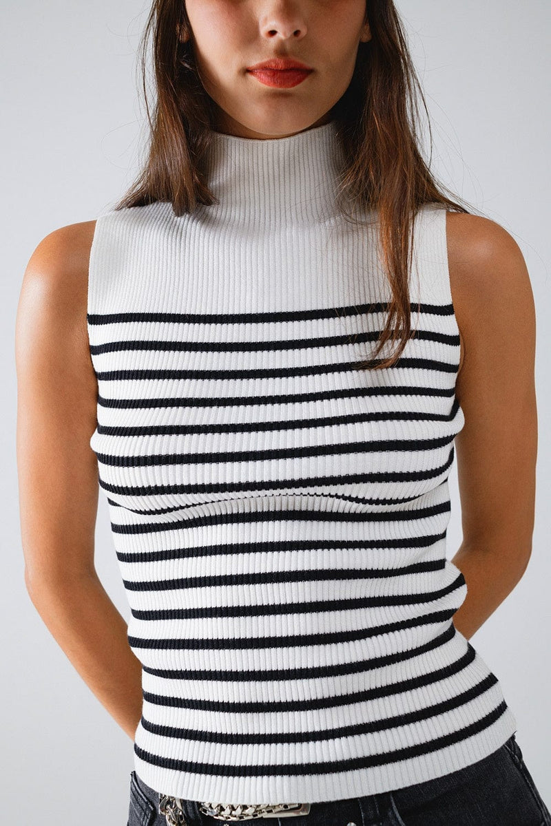 Q2 Women's Sweater Striped Turtle Neck Tank Top In White