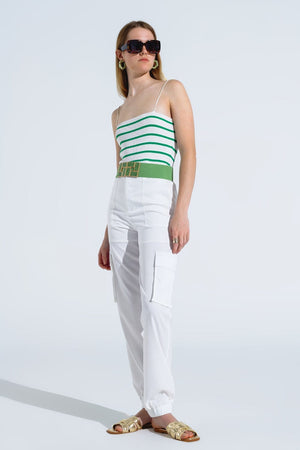 Q2 Women's Sweater Striped White And Green Top With Square Neckline