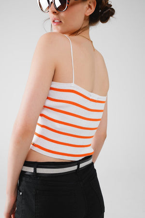 Q2 Women's Sweater Striped White And Orange Top With Square Neckline