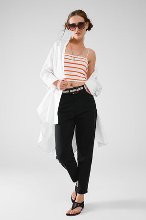 Q2 Women's Sweater Striped White And Orange Top With Square Neckline