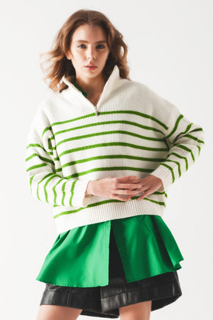 Q2 Women's Sweater Striped Zip Up Collar Detail Sweater In Green