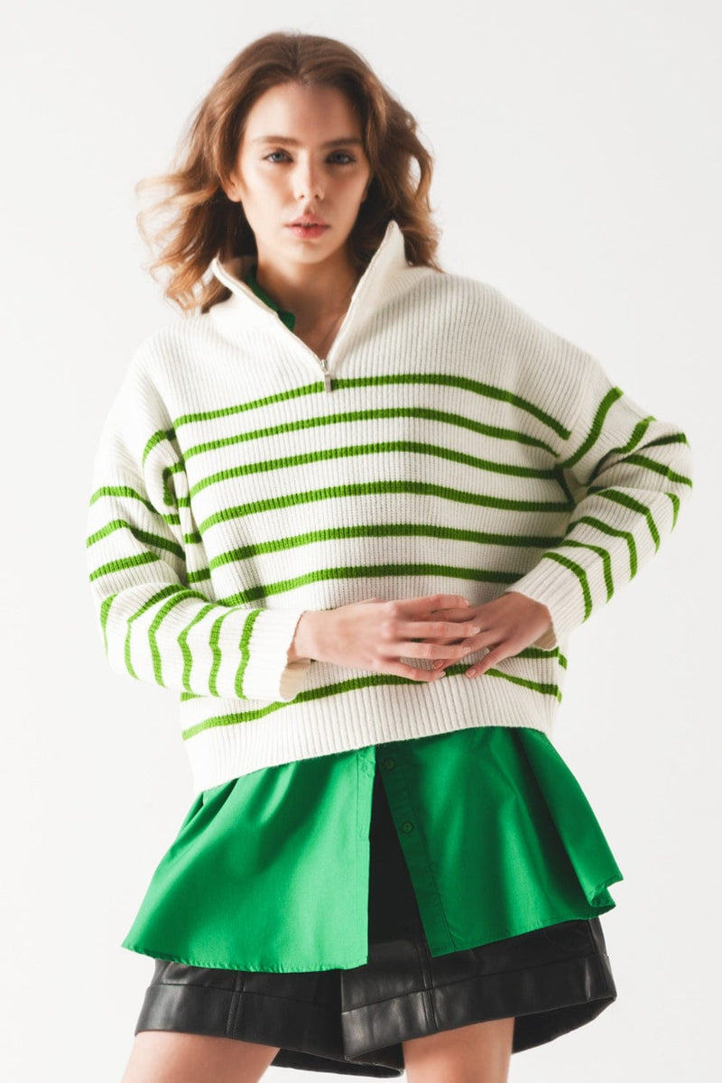 Q2 Women's Sweater Striped Zip Up Collar Detail Sweater In Green