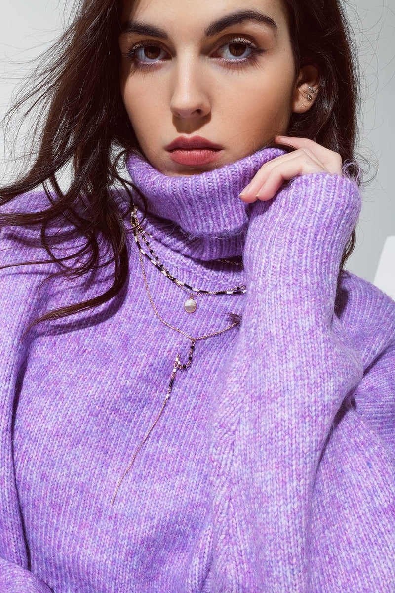 Q2 Women's Sweater Sweater In Purple With A Turtleneck