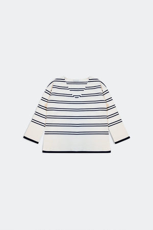 Q2 Women's Sweater Sweater In White with Navy Stripe