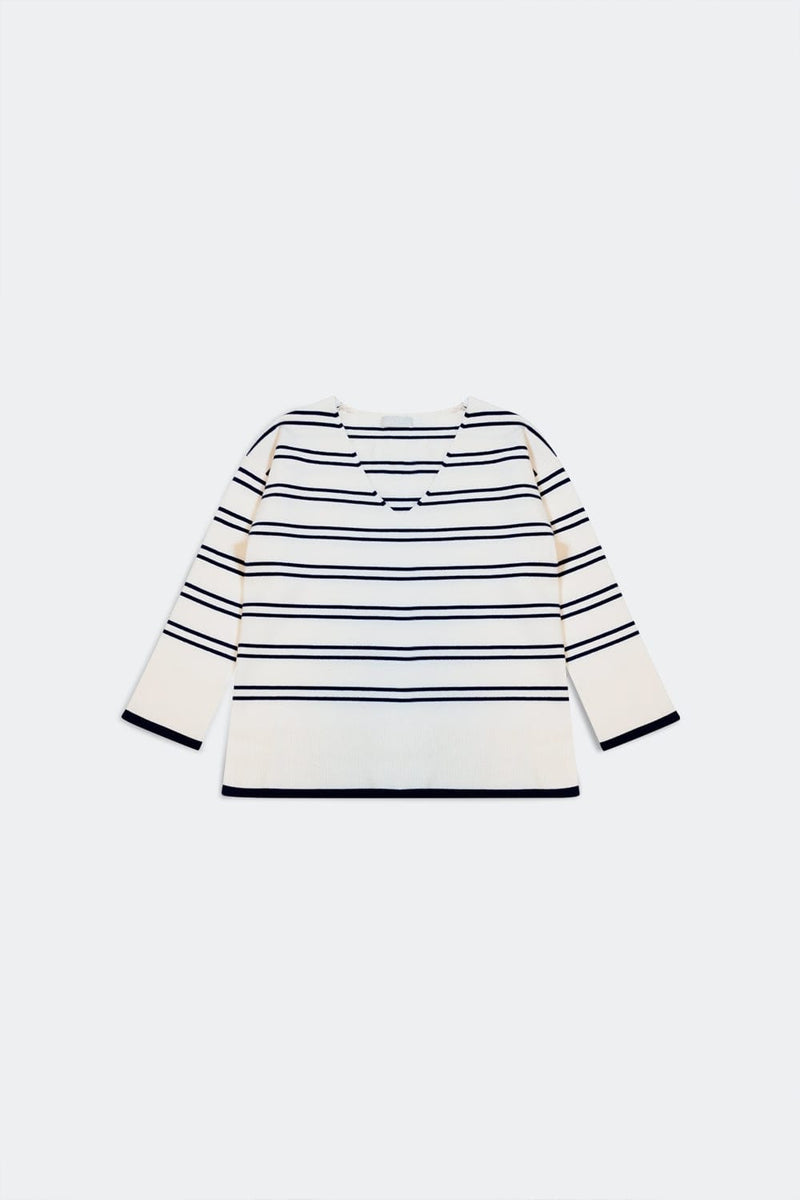 Q2 Women's Sweater Sweater In White with Navy Stripe