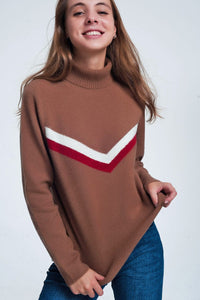 Q2 Women's Sweater Sweater with Chevron Detail in Brown