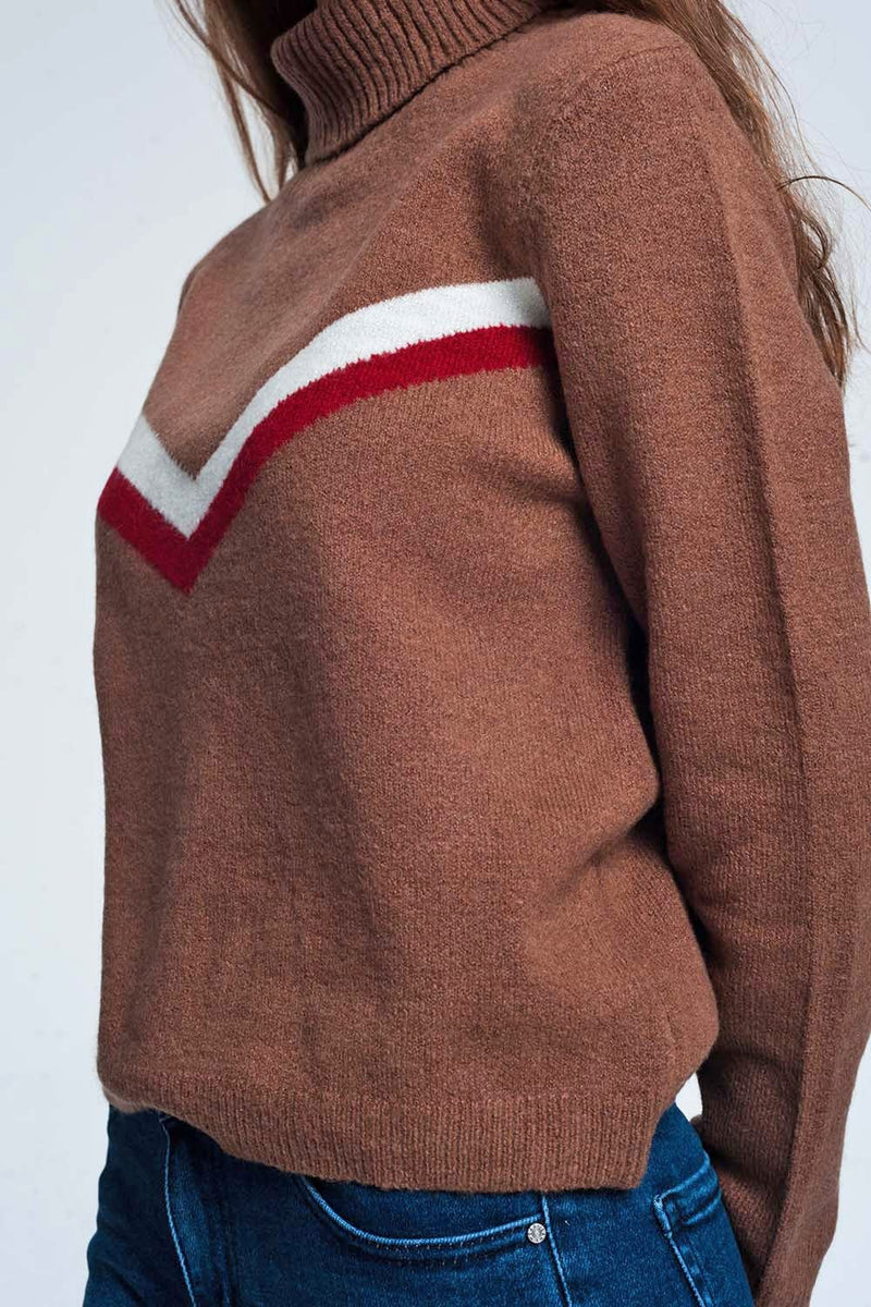 Q2 Women's Sweater Sweater with Chevron Detail in Brown