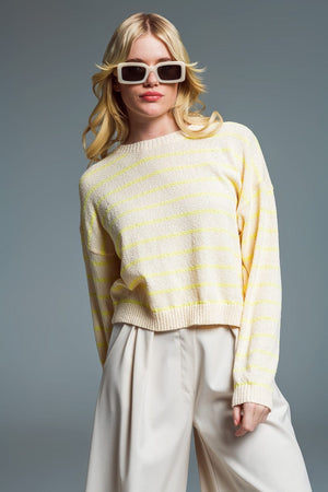 Q2 Women's Sweater Sweater With Drop Shoulders In Beige With Yellow Stripes