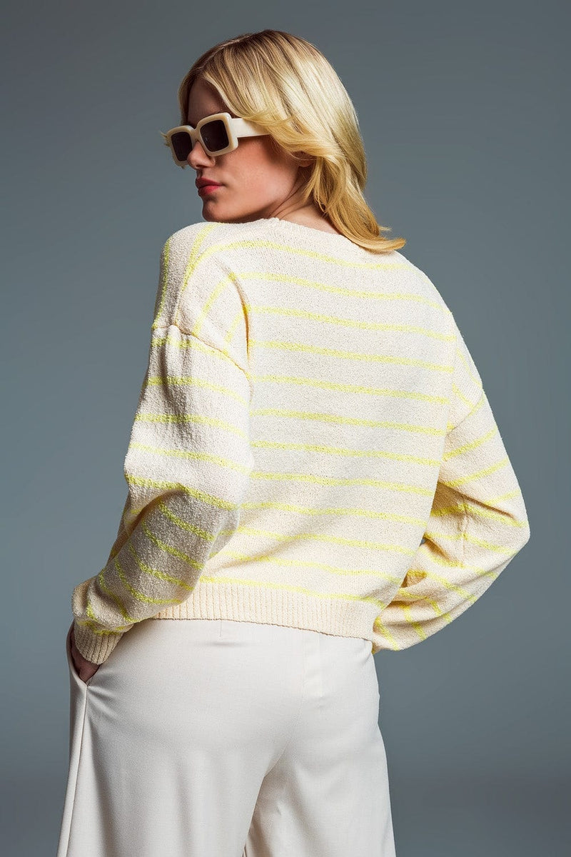 Q2 Women's Sweater Sweater With Drop Shoulders In Beige With Yellow Stripes