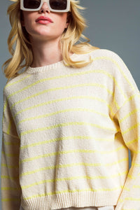 Q2 Women's Sweater Sweater With Drop Shoulders In Beige With Yellow Stripes