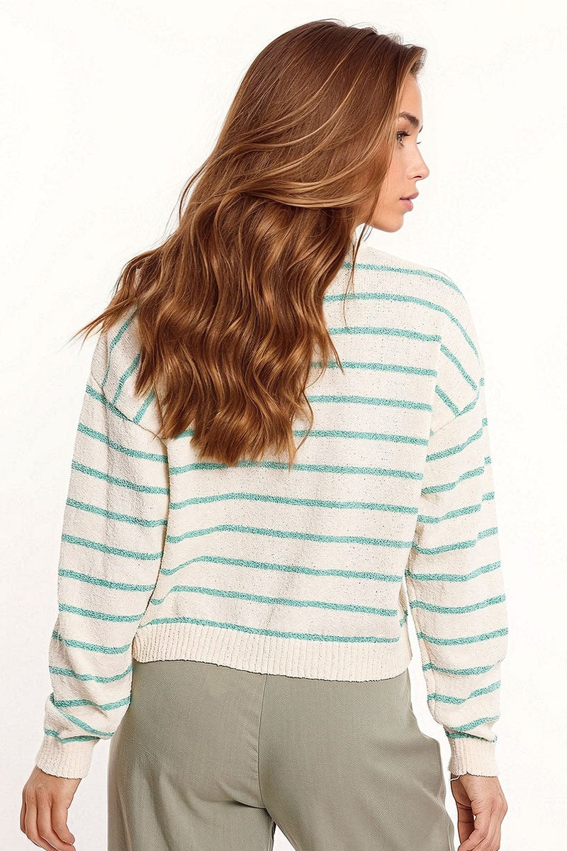 Q2 Women's Sweater Sweater With Drop Shoulders In White With Green Stripes