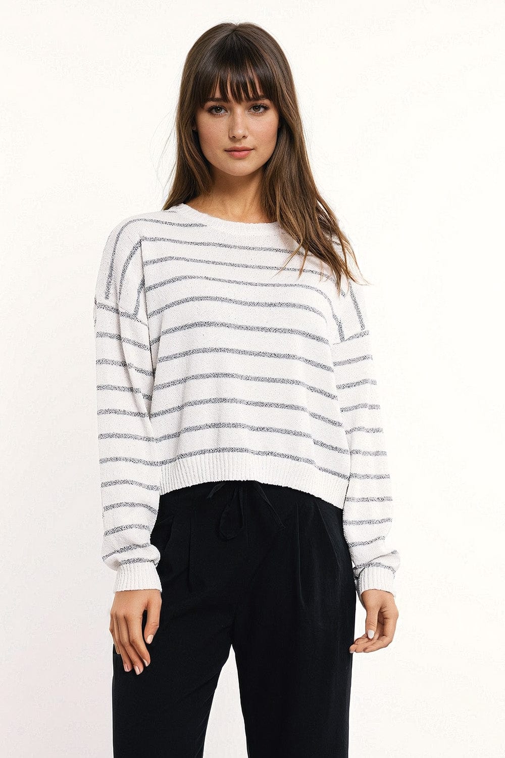 Q2 Women's Sweater Sweater With Drop Shoulders In White With Grey Stripes