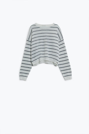 Q2 Women's Sweater Sweater With Drop Shoulders In White With Grey Stripes