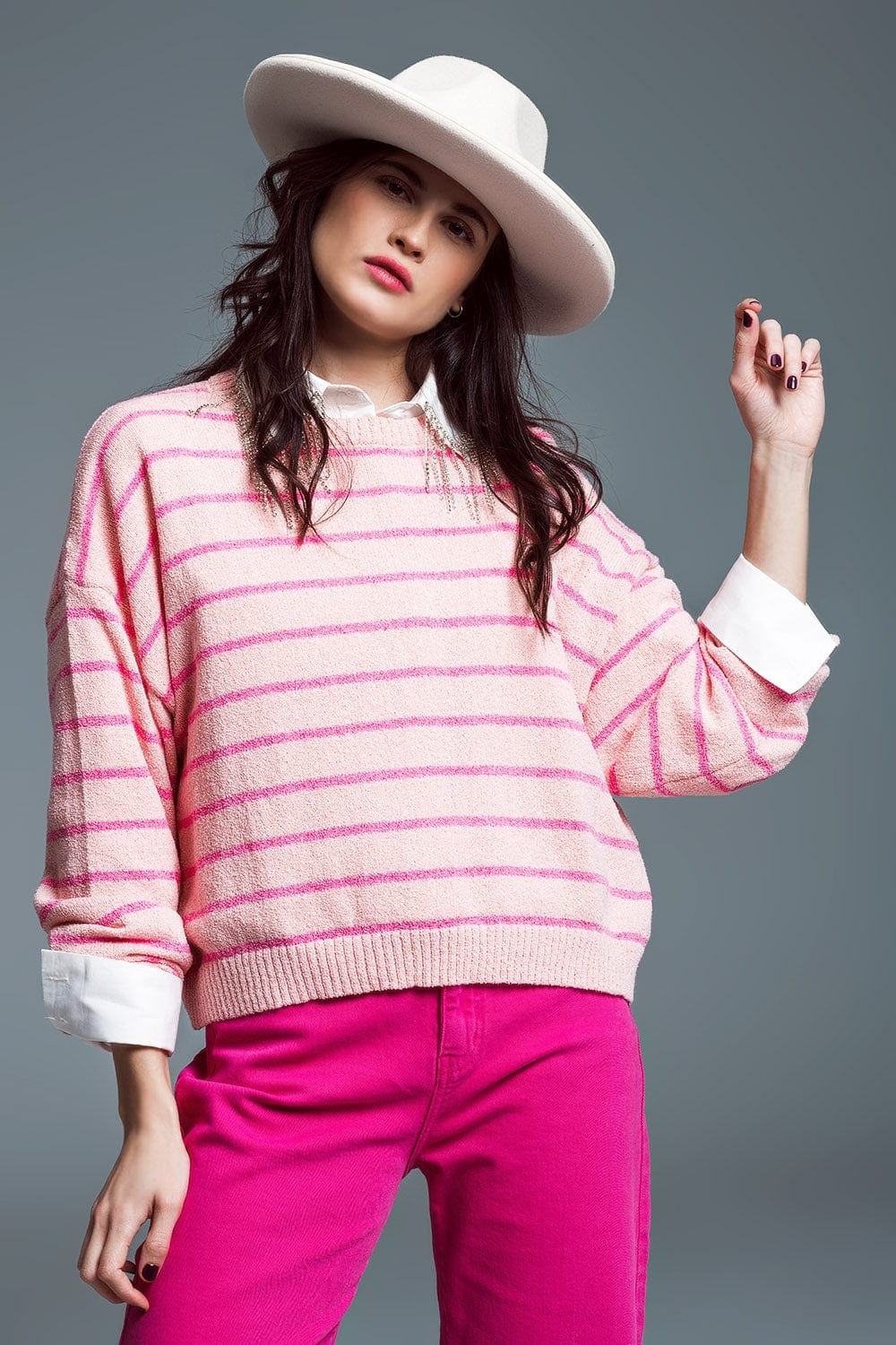 Q2 Women's Sweater Sweater With Drop Shoulders With Fuchsia Stripes