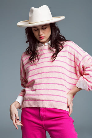 Q2 Women's Sweater Sweater With Drop Shoulders With Fuchsia Stripes