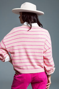 Q2 Women's Sweater Sweater With Drop Shoulders With Fuchsia Stripes