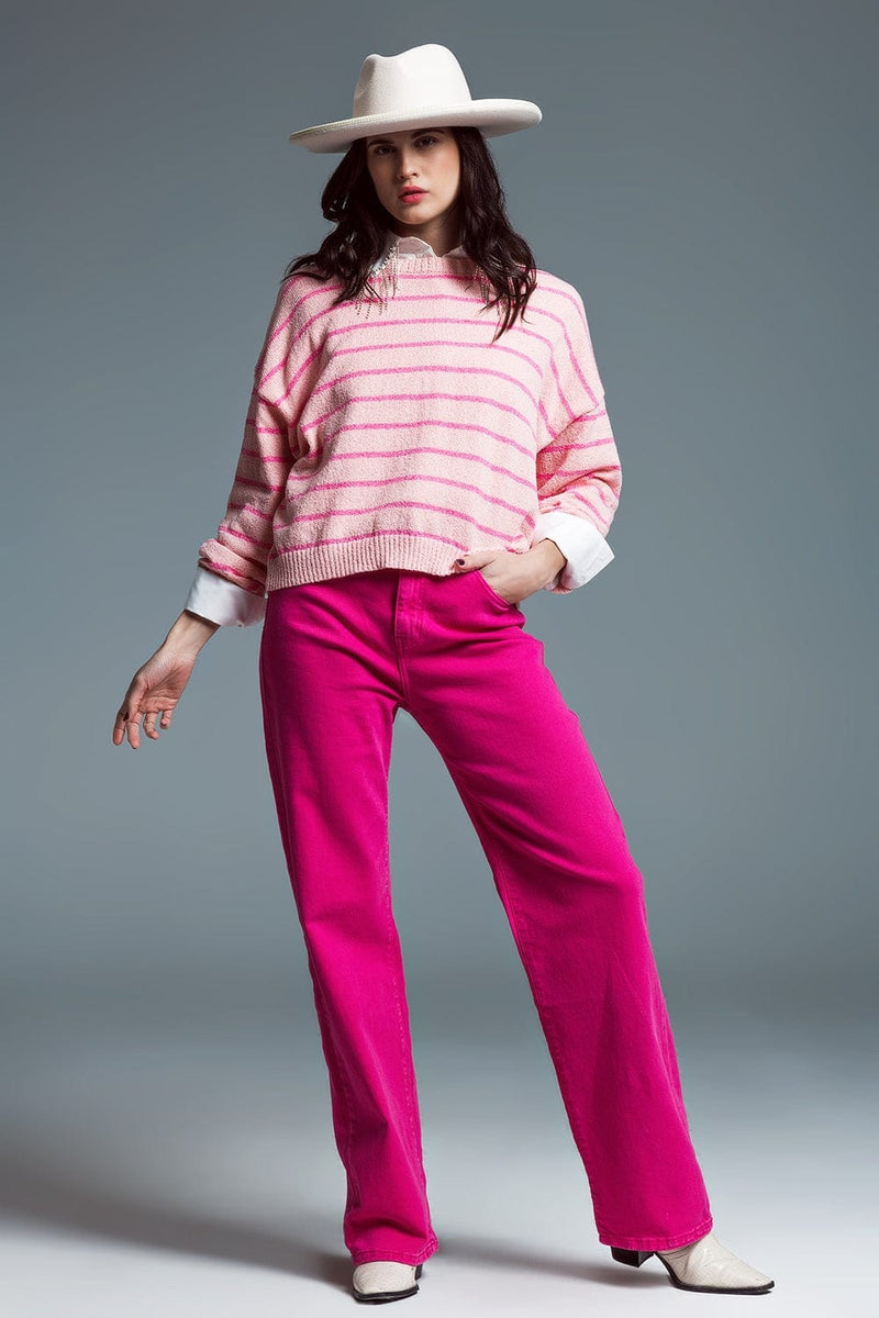 Q2 Women's Sweater Sweater With Drop Shoulders With Fuchsia Stripes