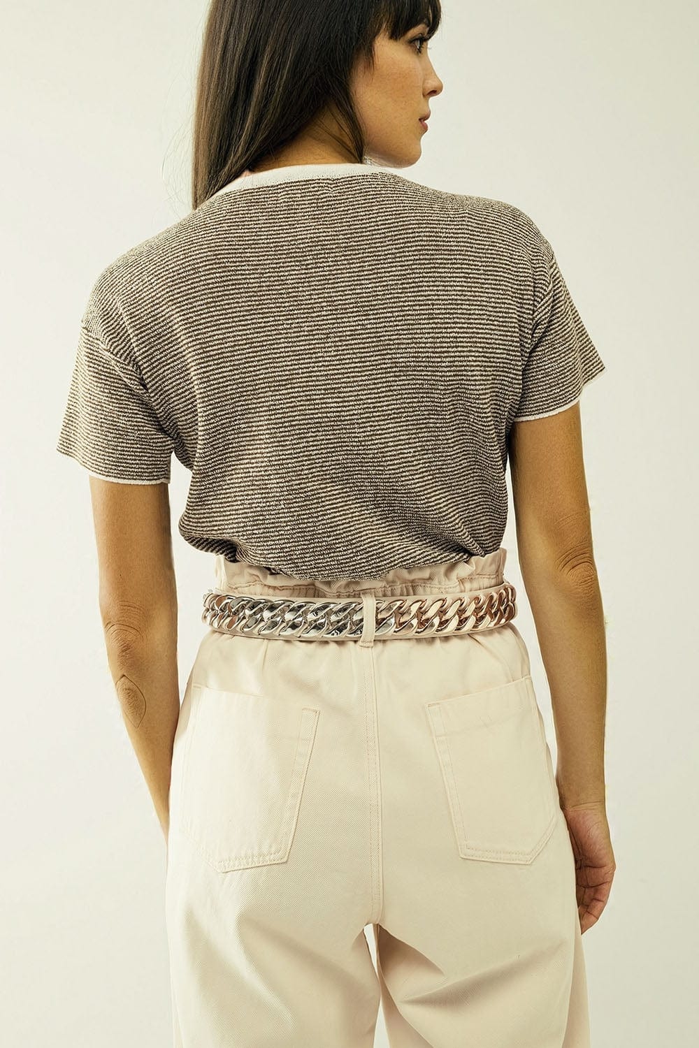 Q2 Women's Sweater Sweater With Khaki Stripes And Gold Button Closure