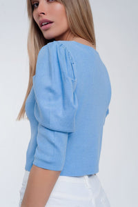 Q2 Women's Sweater Sweater with Short Puff Sleeves in Blue