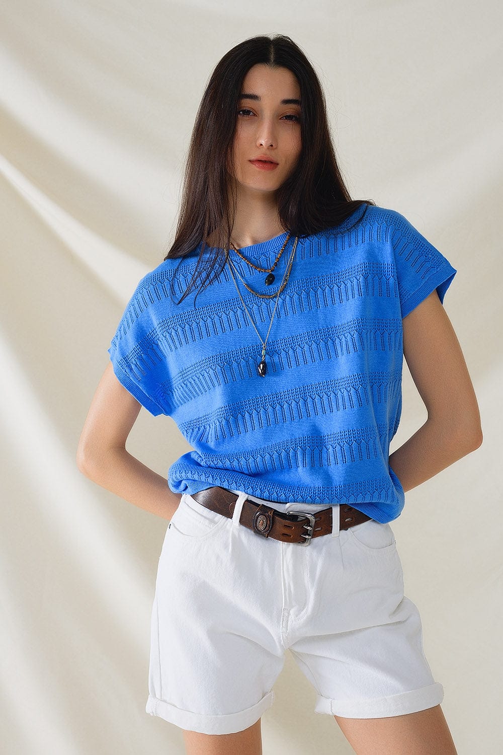 Q2 Women's Sweater Sweatshirt In Blue With Lace Design And Short Sleeves