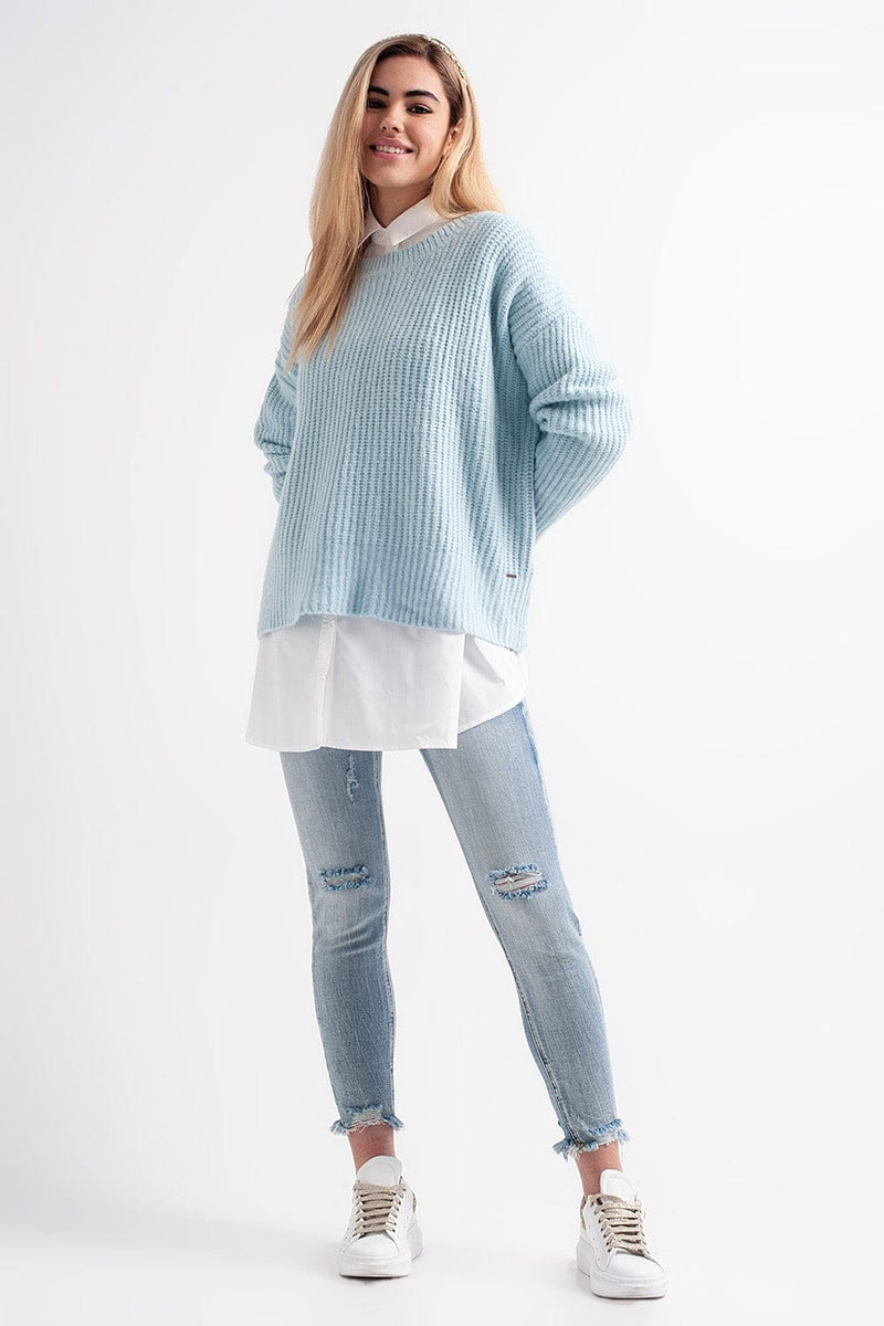 Q2 Women's Sweater Turquoise Round Neck Boyfriend Sweater