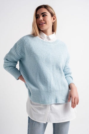 Q2 Women's Sweater Turquoise Round Neck Boyfriend Sweater