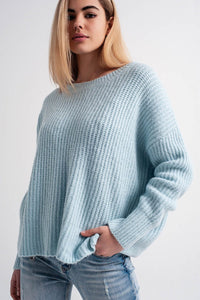 Q2 Women's Sweater Turquoise Round Neck Boyfriend Sweater