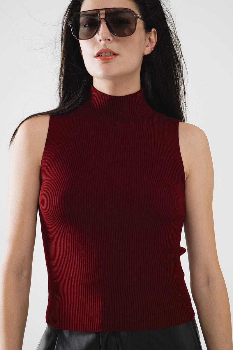 Q2 Women's Sweater Turtle Neck Ribbed Top In Burgundy