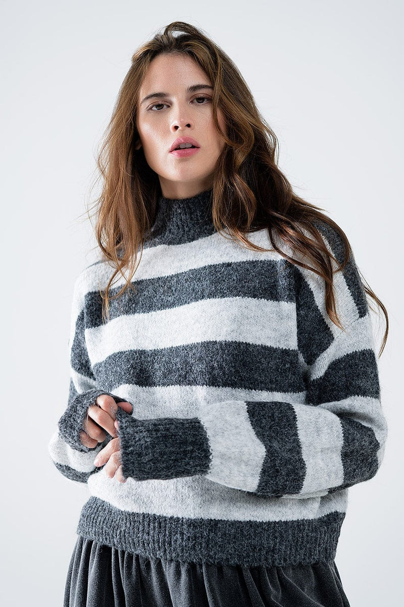 Q2 Women's Sweater Turtleneck Gray Striped Sweater