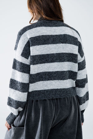 Q2 Women's Sweater Turtleneck Gray Striped Sweater