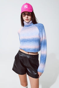 Q2 Women's Sweater Turtleneck Sweater In Fluffy Knit In Blue And Pink Degrade