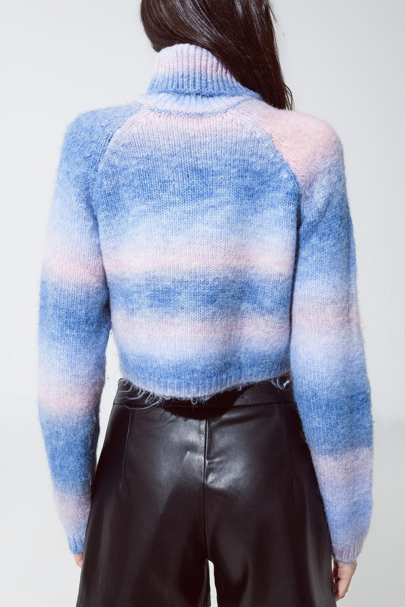 Q2 Women's Sweater Turtleneck Sweater In Fluffy Knit In Blue And Pink Degrade