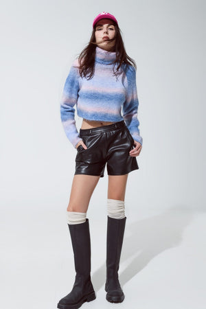 Q2 Women's Sweater Turtleneck Sweater In Fluffy Knit In Blue And Pink Degrade