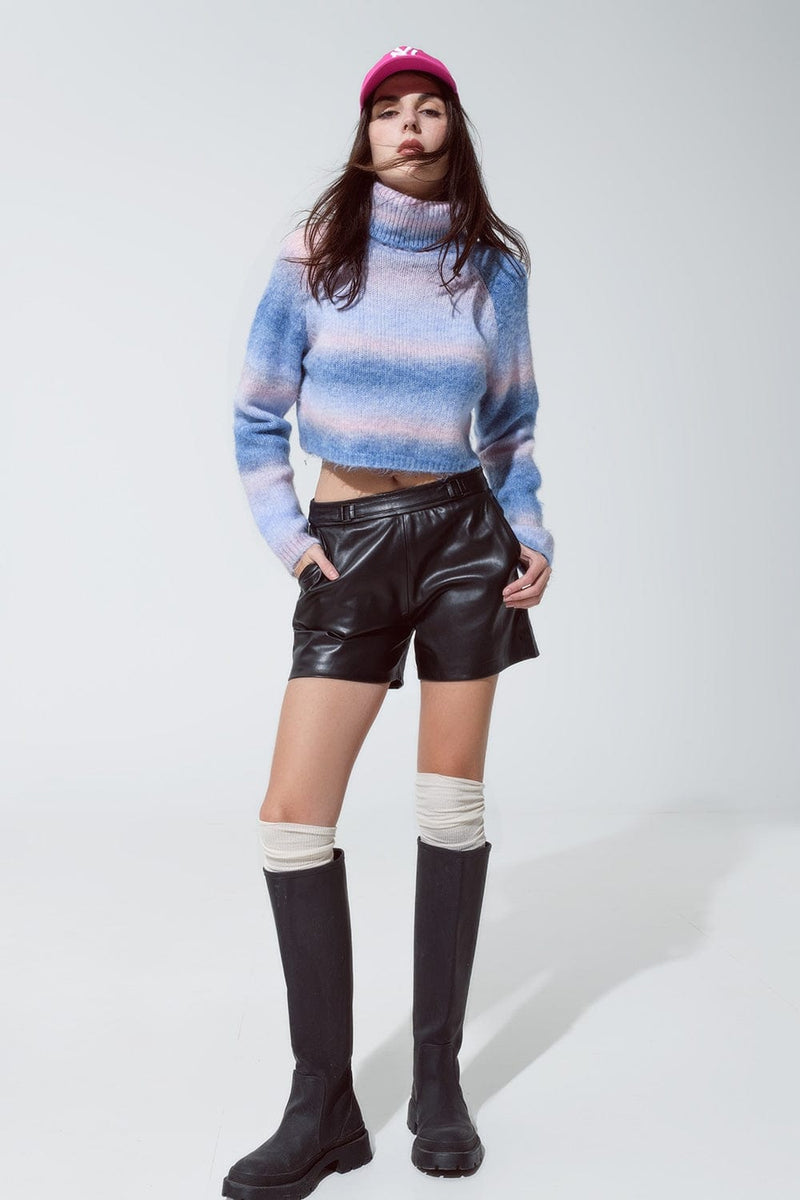 Q2 Women's Sweater Turtleneck Sweater In Fluffy Knit In Blue And Pink Degrade