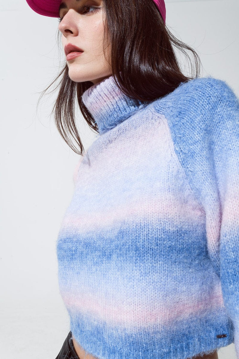 Q2 Women's Sweater Turtleneck Sweater In Fluffy Knit In Blue And Pink Degrade