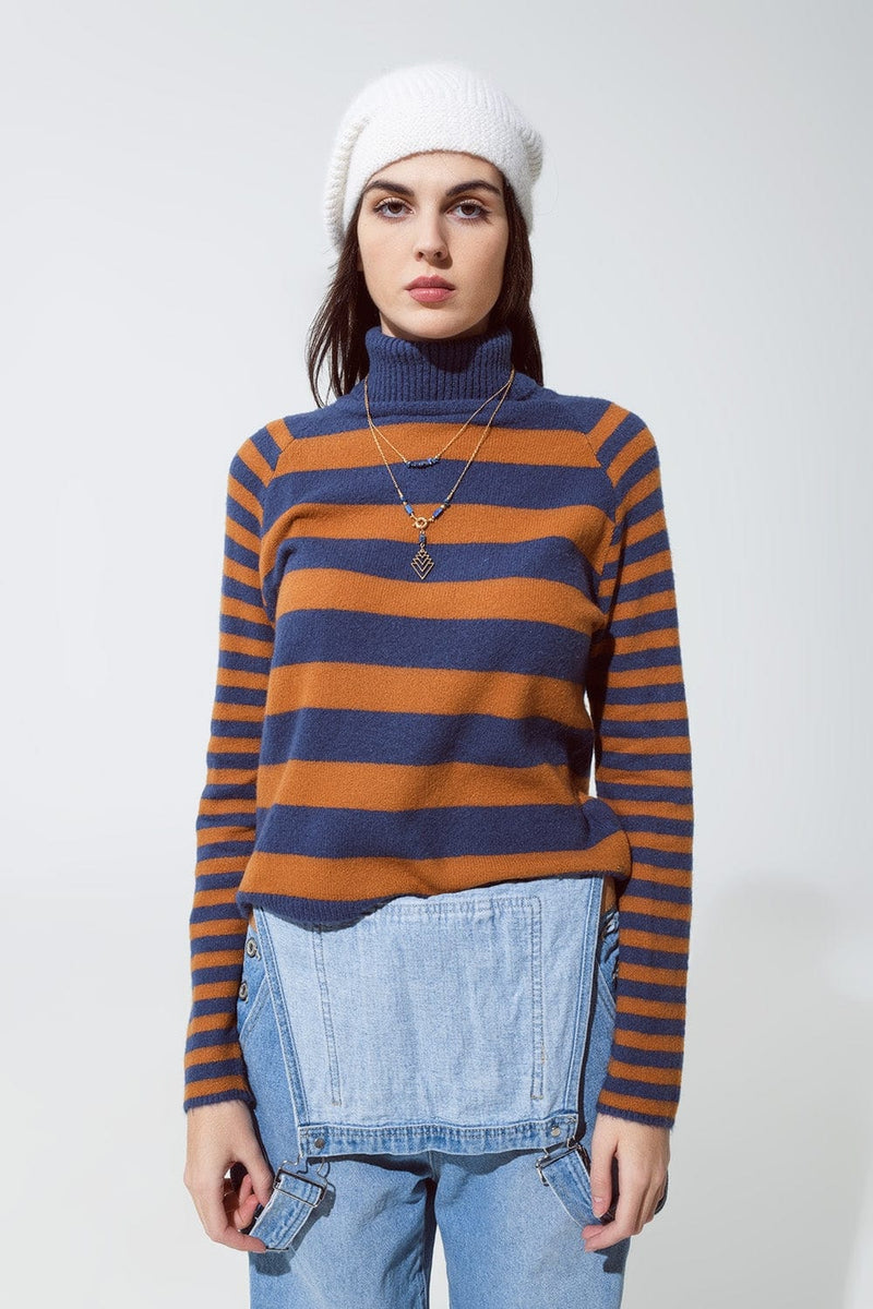 Q2 Women's Sweater Turtleneck Sweater With Stripes In Blue And Brown