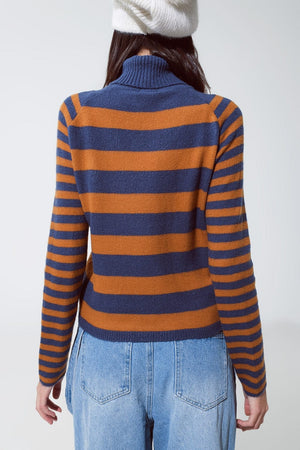 Q2 Women's Sweater Turtleneck Sweater With Stripes In Blue And Brown