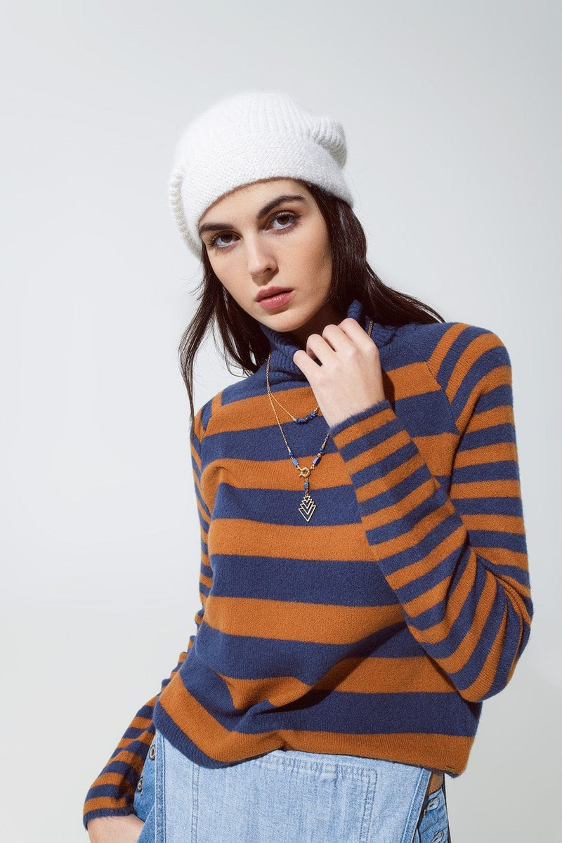 Q2 Women's Sweater Turtleneck Sweater With Stripes In Blue And Brown