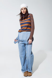 Q2 Women's Sweater Turtleneck Sweater With Stripes In Blue And Brown