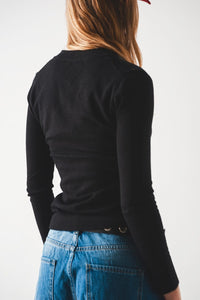 Q2 Women's Sweater V Neck Fine Knit Jumper in Black